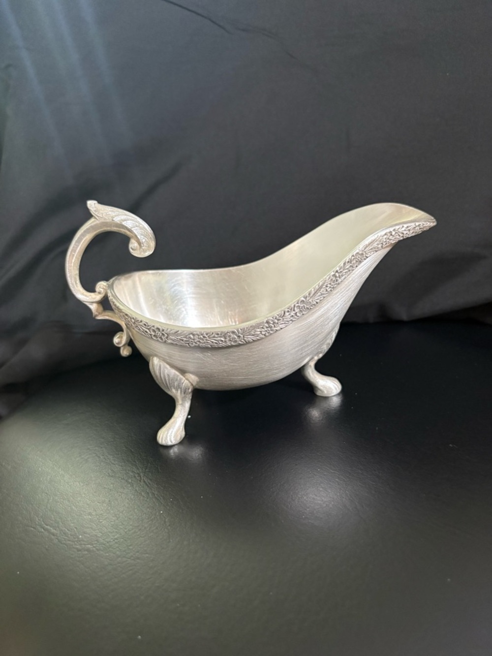 Ornate Silver Gravy Boat with Decorative Handle